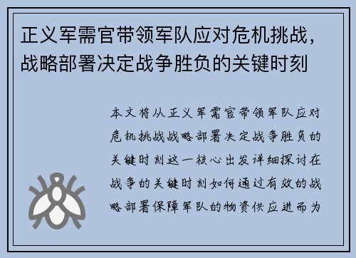 正义军需官带领军队应对危机挑战，战略部署决定战争胜负的关键时刻